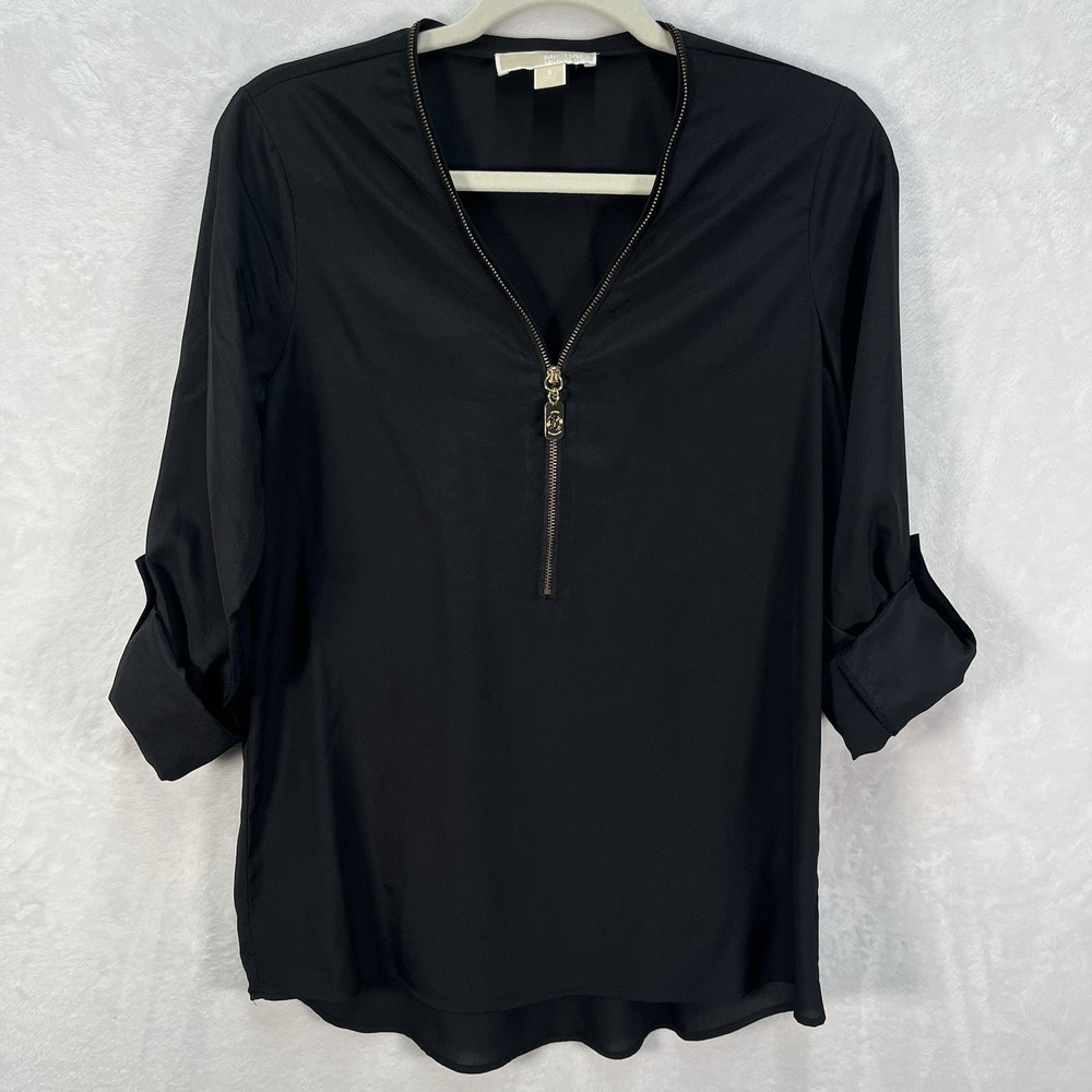 Michael Kors Zip Vneck Roll Tab Blouse Womens Small Black Career‎ Work Minimal